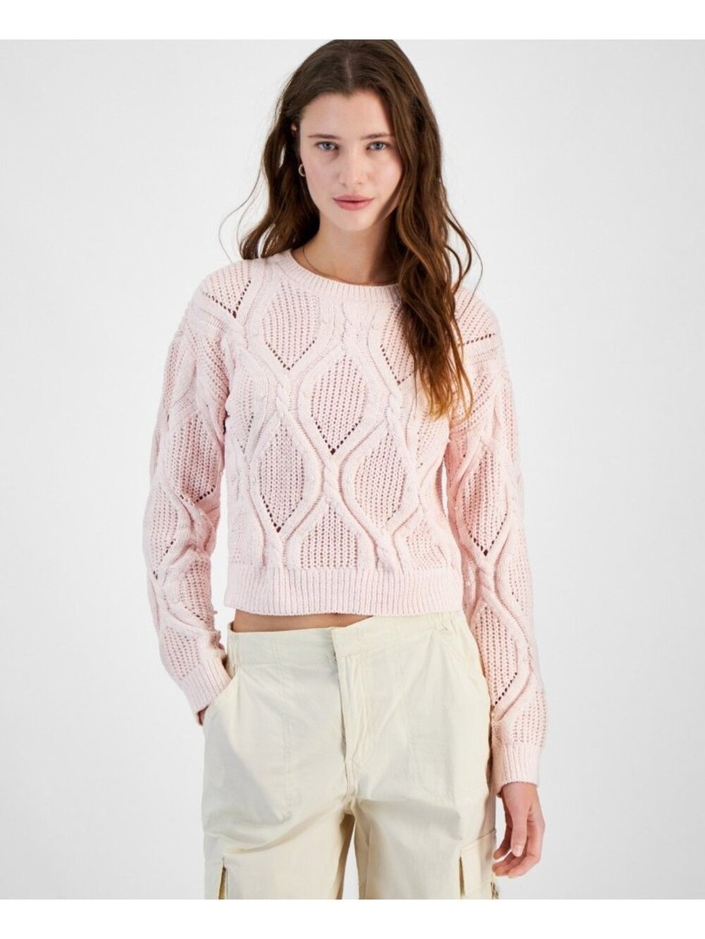 Planet Heart Womens Pearl Embellished Cable-Knit Sweater Icy Pink Size S NWT